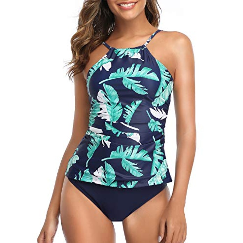 Two Piece Attention-Grabbing Tankini Set For Women-Blue Leaf