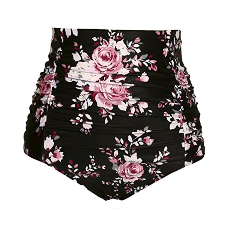 Vintage High Waisted Swim Bottom For Women-Black And Pink Floral