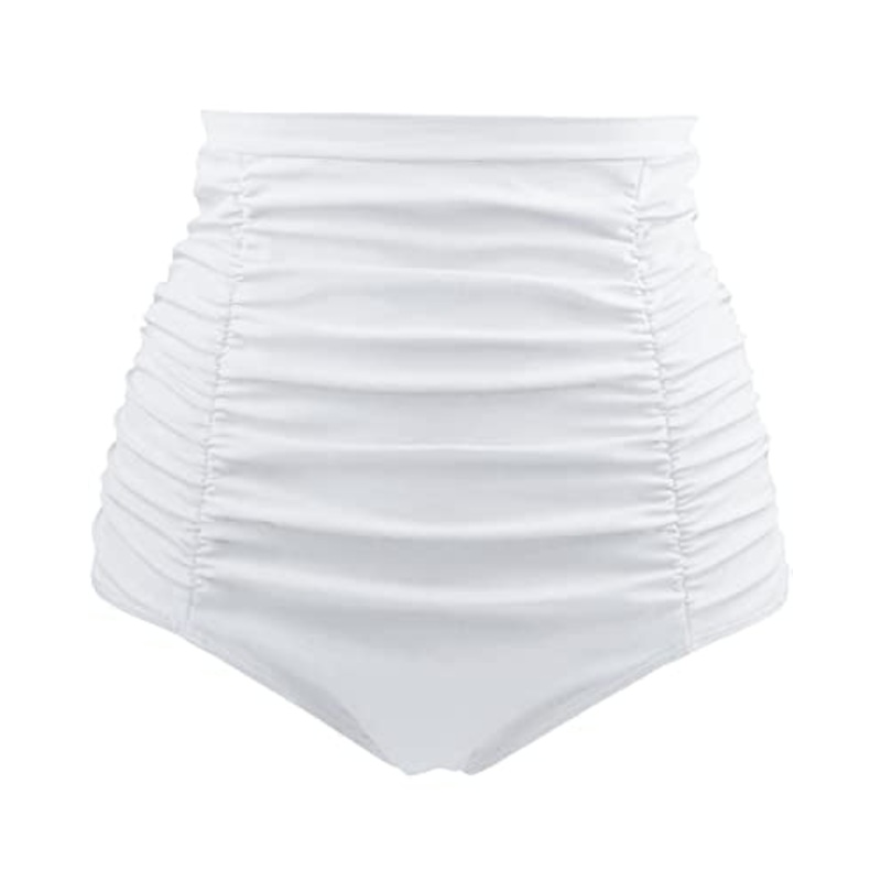 Vintage High Waisted Swim Bottom Tummy Control Ruched Swim Shorts-White