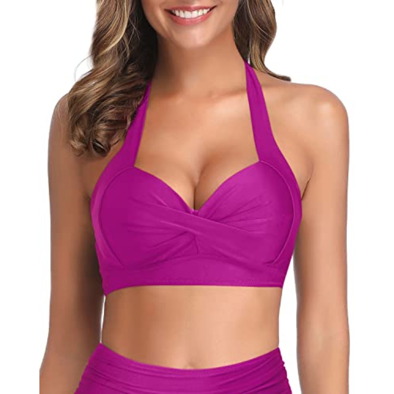 Vintage Padded Halter Retro Bikini Top For Women-Hot Pink