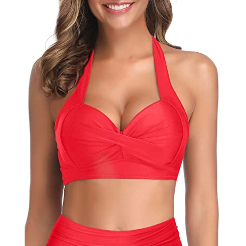 Vintage Push Up Halter Bikini Top-Neon Red