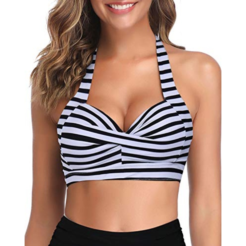 Vintage Style Halter Retro Bathing Suit Top-Black And White Stripe