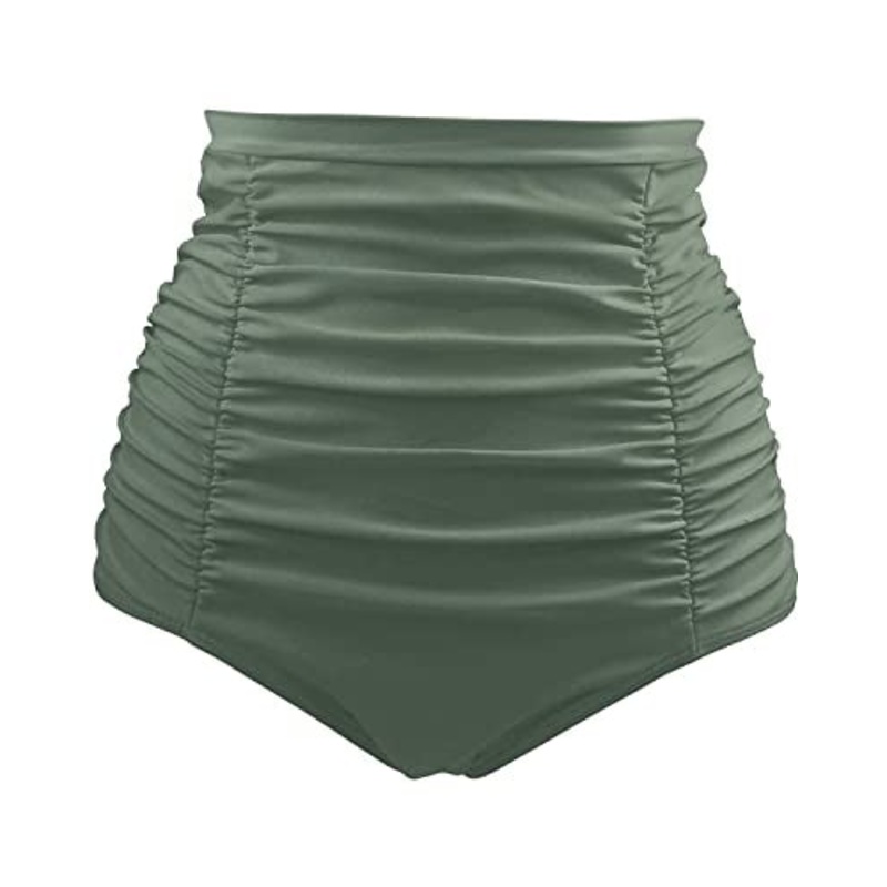 Vintage Style High Waisted Swim Bottom For Women-Olive Green