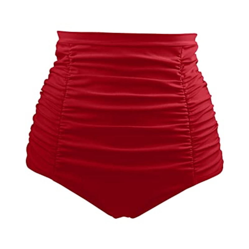 Women's High Waisted Bikini Bottom Tummy Control Ruched Swim Shorts-Red