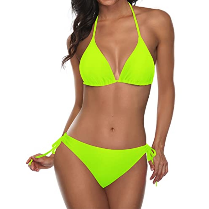 2 Piece Adjustable Neck And Back Bikini Sets For Women-Neon Yellow