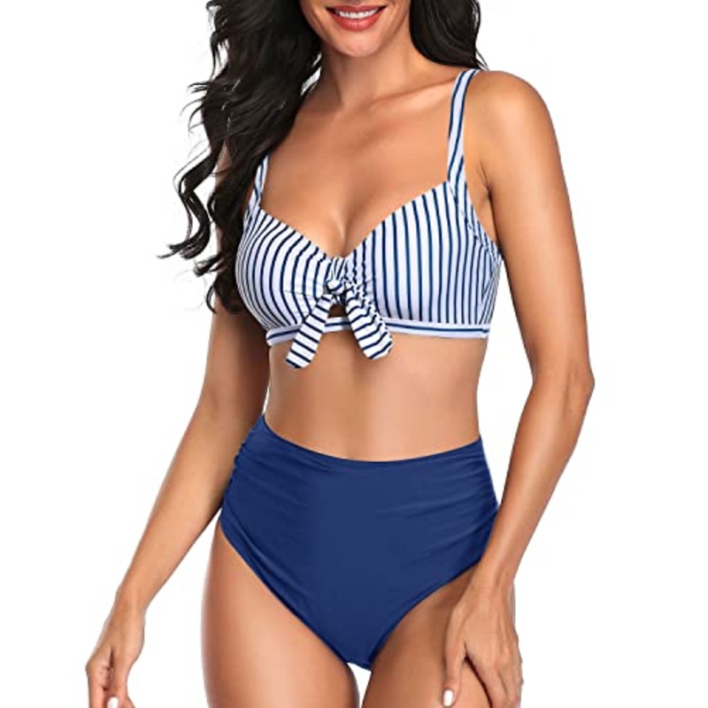 2 Piece Stylish Keyhole Women High Waisted Bikini Set-Blue White Stripe