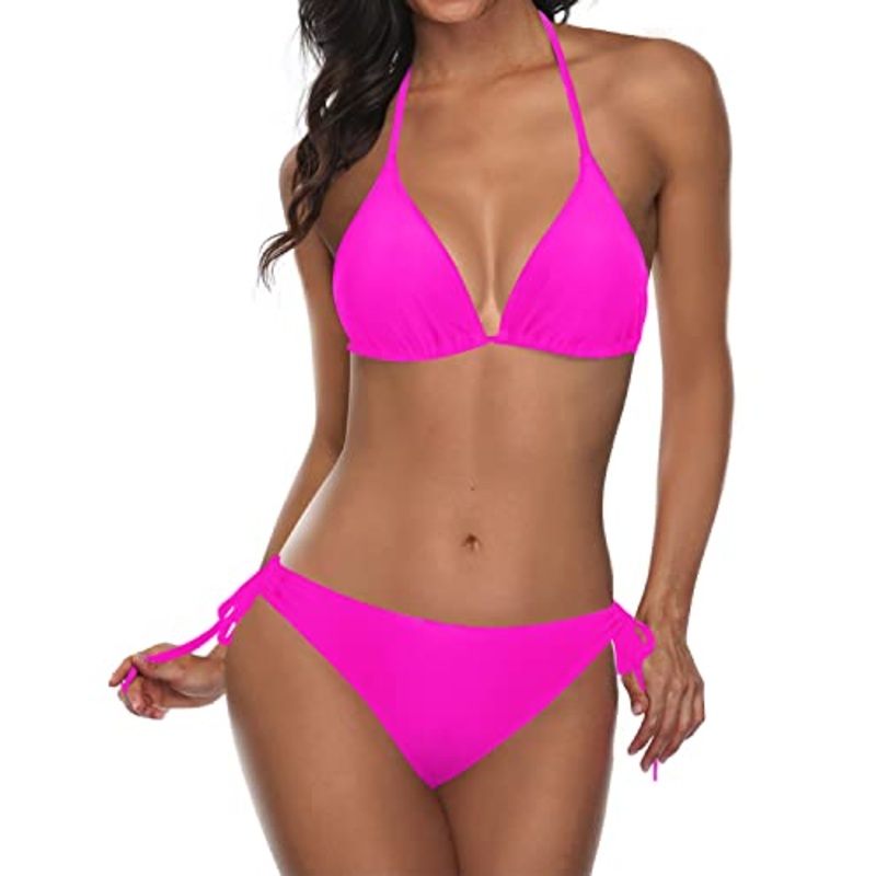 Adjustable Neck And Back Ties Halter Padded Top 2 Piece Bikini Sets-Neon Pink