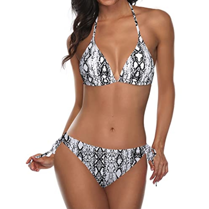 Adjustable Neck And Back Ties Triangle Bikini Push Up Padding 2 Piece Bikini Sets-Snake Skin