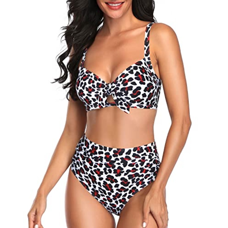 Adjustable Spaghetti Straps Bikini Set For Women Bathing Suits-White Leopard