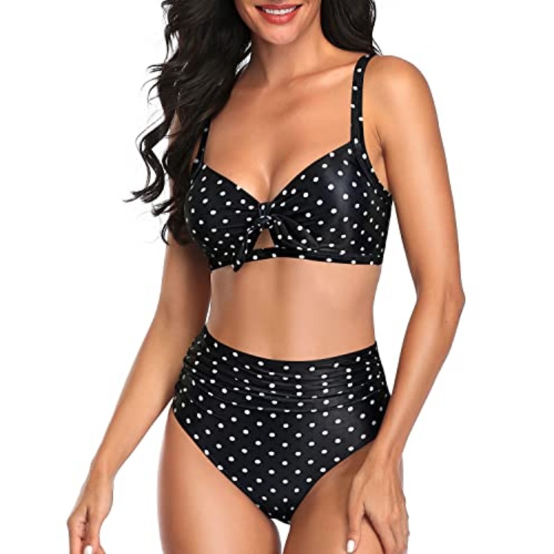 Adjustable Spaghetti Straps Women High Waisted Bikini Set-Black Dot