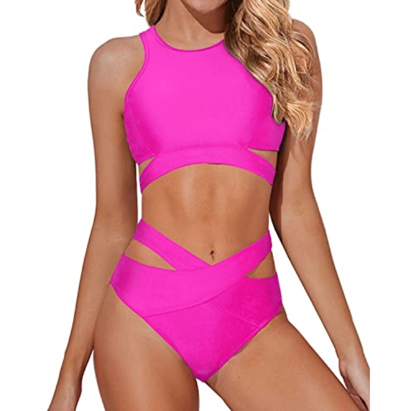 Adjustable Tie Waist Bandage Two Piece Bathing Suits-Neon Pink
