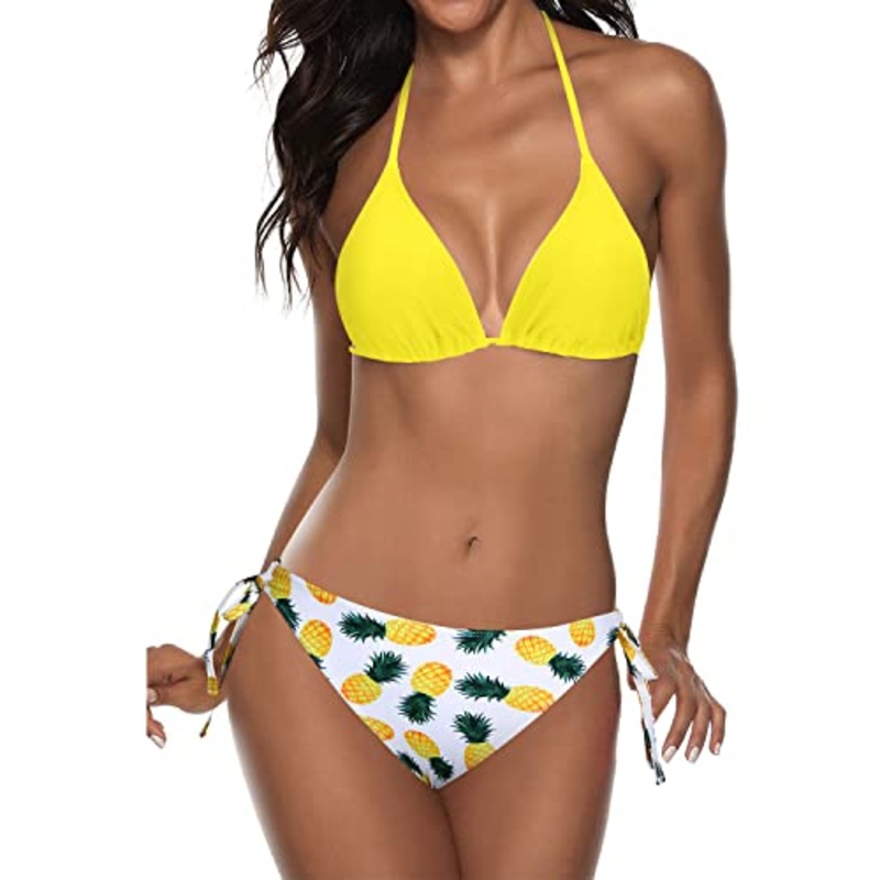 Adjustable Ties At Neck & Back Triangle Bikini For Summer Beach-Yellow Pineapple