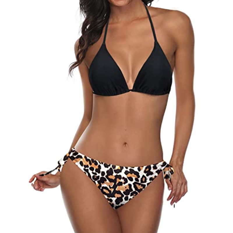Adjustable Ties Cheeky Triangle Bikini Bathing Suit-Black And Leopard
