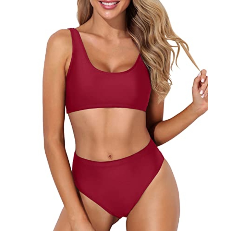 Bathing Suit Sexy Cheeky Bottom Two Piece Scoop Neck Bikini For Women-Red