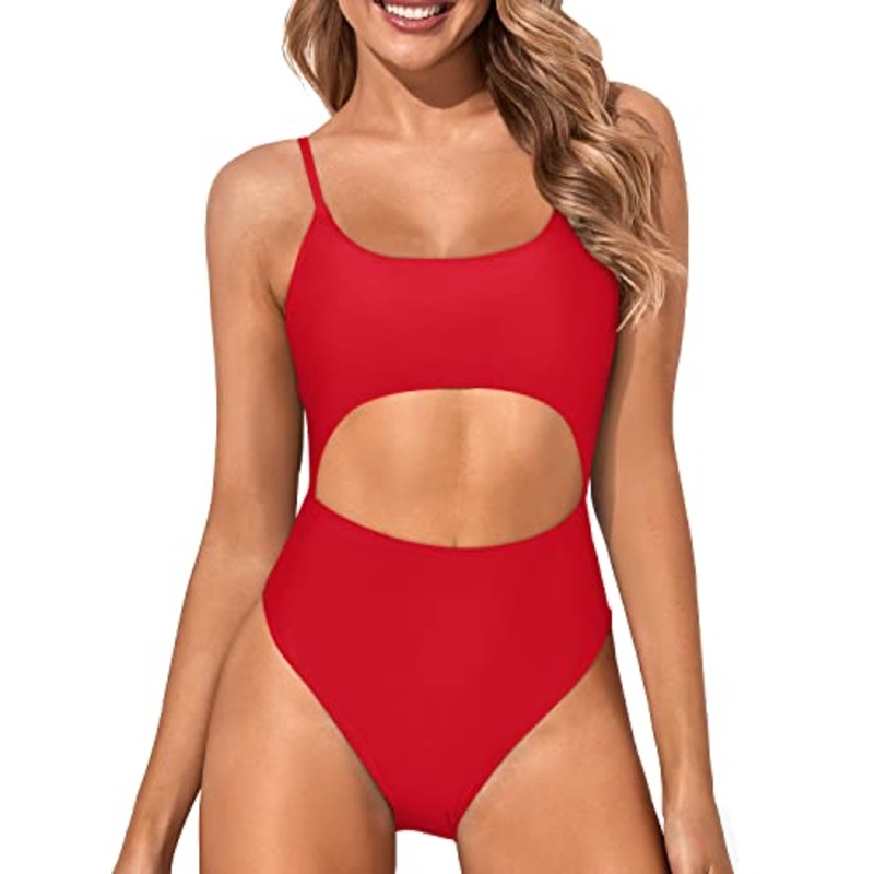 Crochet One Piece Swimsuit High Cut Cutout Bathing Suits-Red