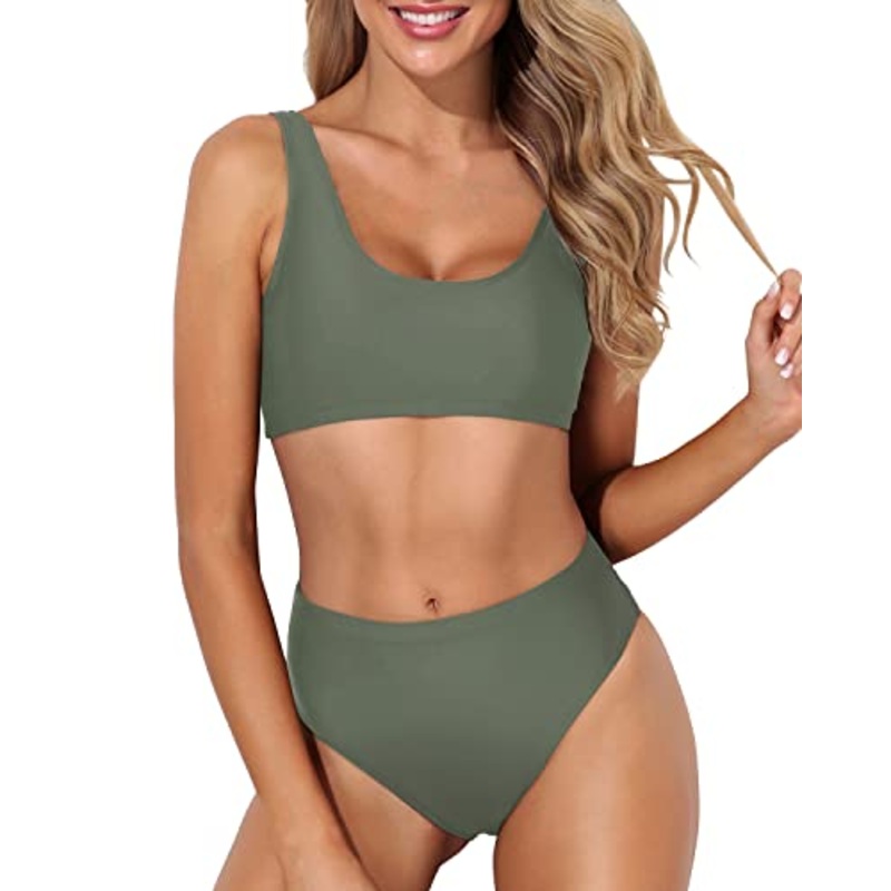 Crop Top High Waisted Bikini Set Sports Two Piece Bikini For Women-Army Green