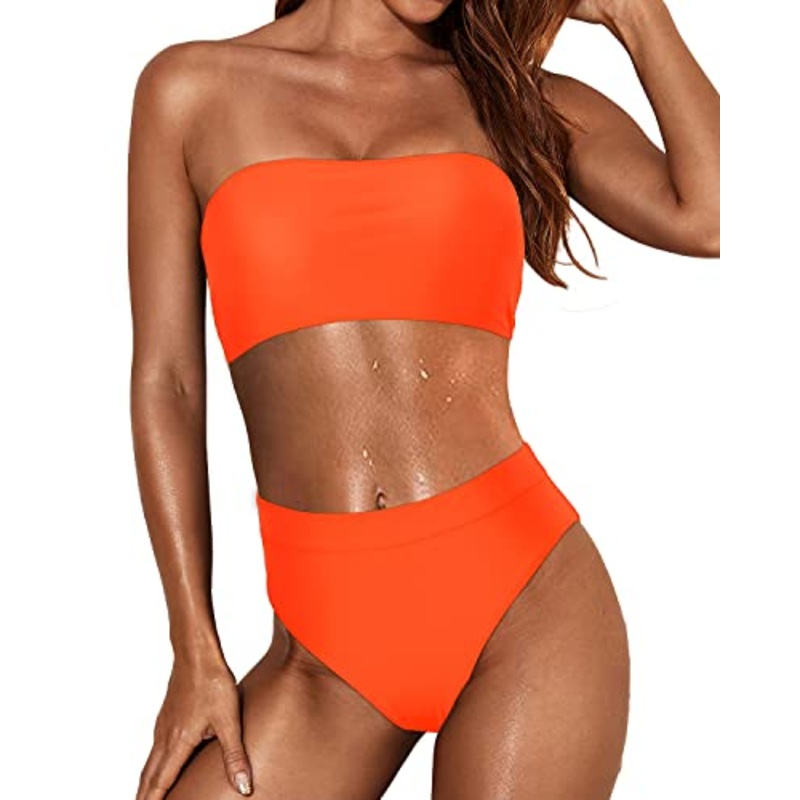 Curvy Showing Bandeau Bikini Women Two Piece Bandeau Swimsuit-Neon Orange