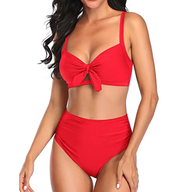 Cute Two Piece Bikini Set Tummy Control Ruched Bikini-Neon Red