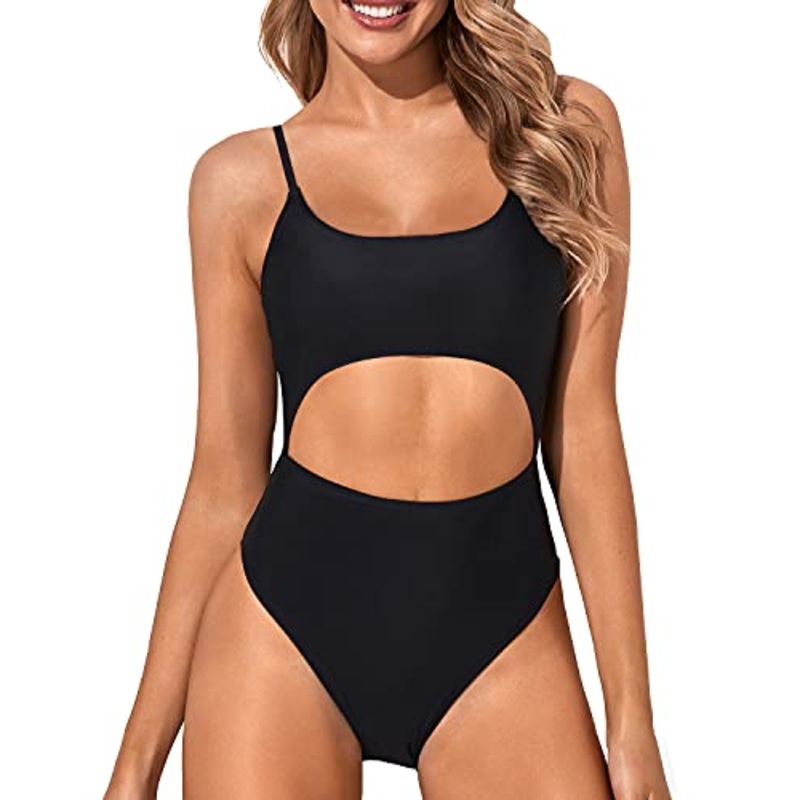 Cutout One Piece Swimsuit Lace Up High Cut Cutout Bathing Suits-Black