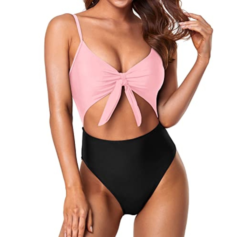 Cutout Spaghetti Strap Swimsuits Sexy Monokini-Pink And Black