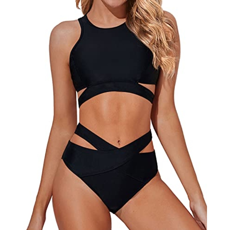 Cutout Swimsuit Criss Cross Bandage Two Piece High Neck Bikini Set-Black