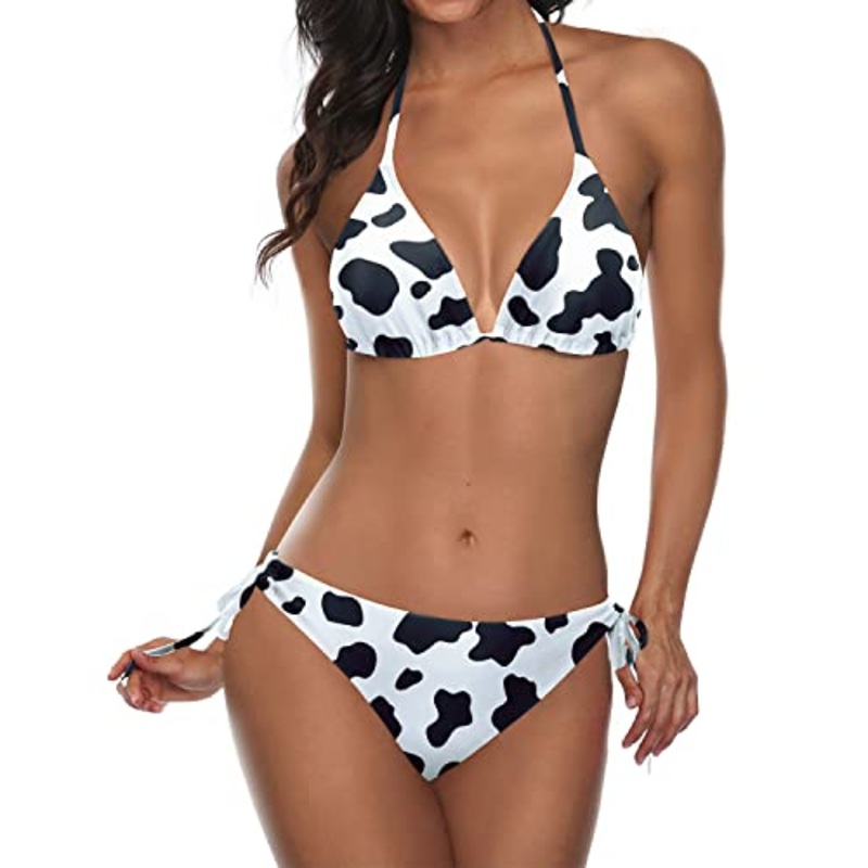Double Rise And Scrunch Cheeky Triangle Bikini Bathing Suit-Black And White Cow Pattern