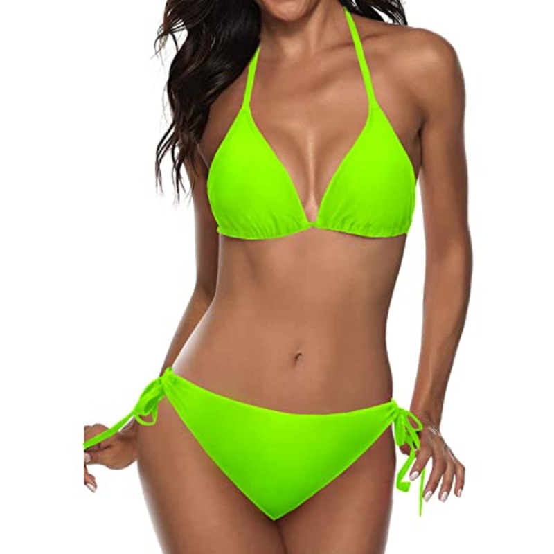 Flattering Halter Padded Top Bikini Sets For Women-Neon Green