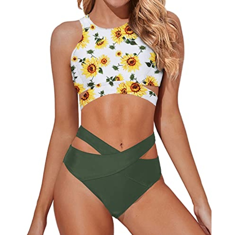 Flattering Racerback Zipper Tank Top Two Piece High Neck Bikini Set-Sunflower
