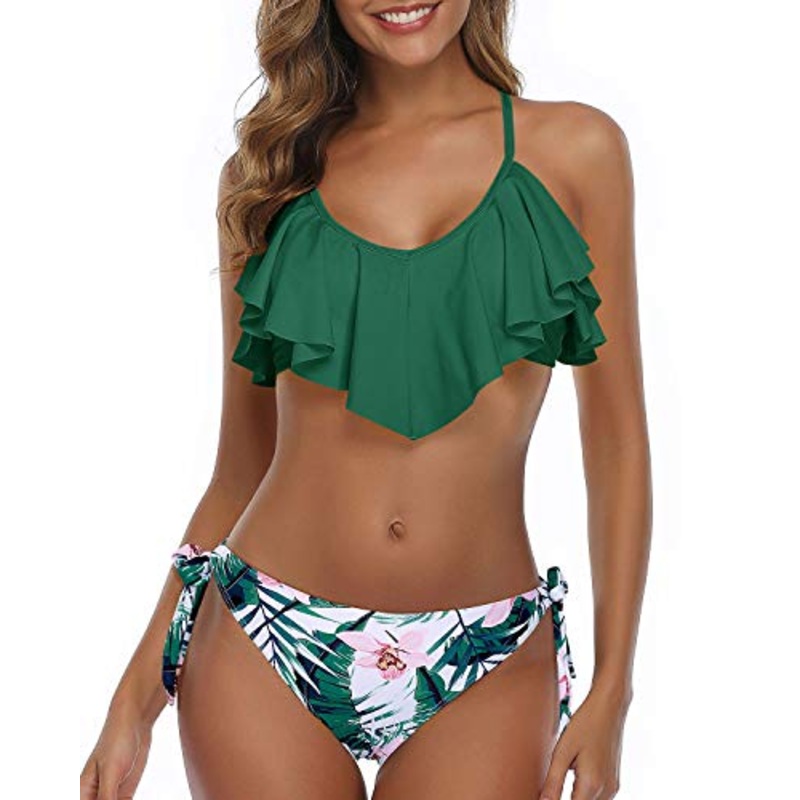 Flounce Bikini Top Women Cross Back Bathing Suit-Green Tropical Floral