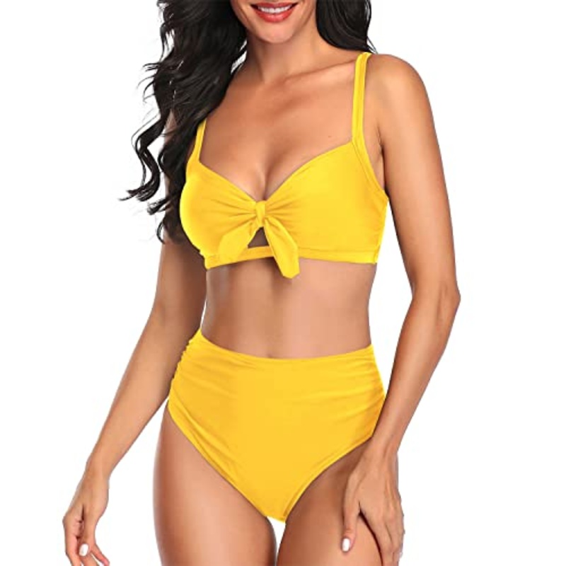Halter Neck Two Piece Swimsuit Tummy Control Ruched Bikini-Neon Yellow