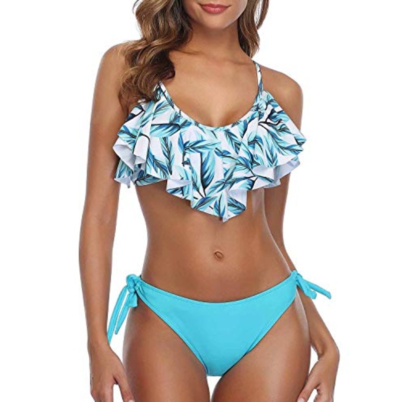 High Cut Bottom Tie Side Briefs Ruffled Bikini For Women-Light Blue Green Leaves