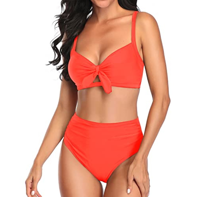 High Waisted Bathing Suit Tummy Control Ruched Bikini-Neon Orange