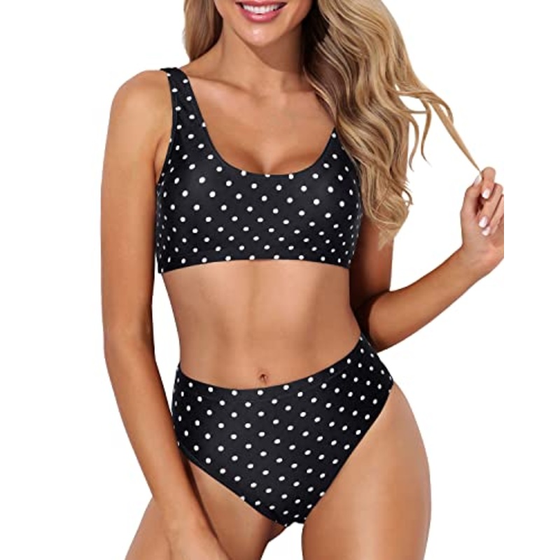 High Waisted Bikini Sporty High Cut Bathing Suit Sports Two Piece Bikini For Women-Black Dot