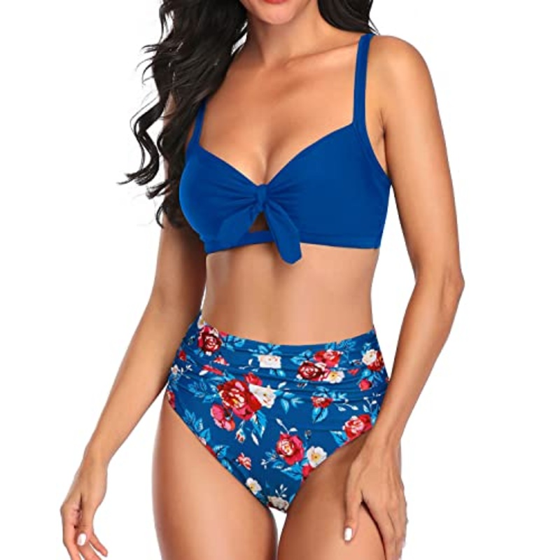 High Waisted Tummy Control Two Piece Bathing Suits For Women Bikini-Blue Floral