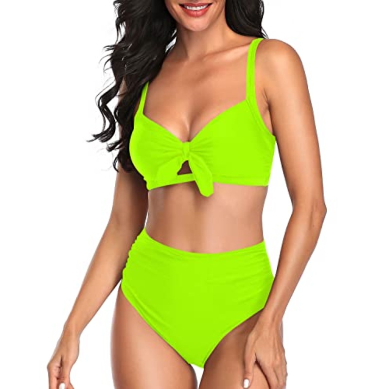 Keyhole Front Bowknot Bikini For Women Bathing Suits-Neon Yellow