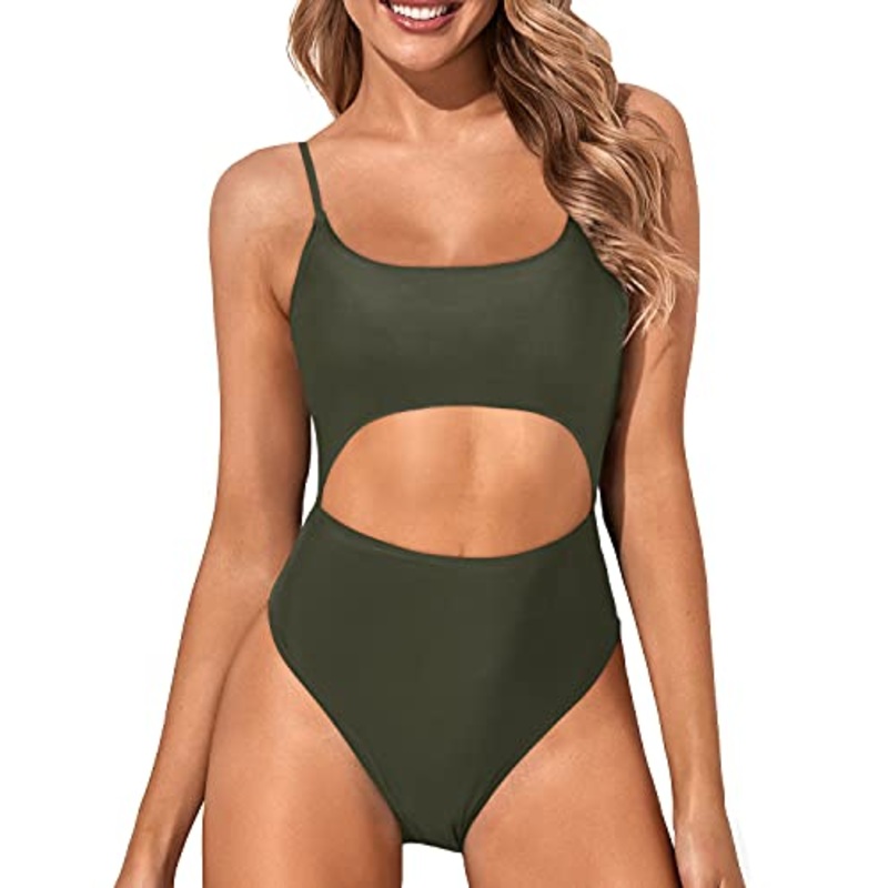 Lace-Up Adjustable Spaghetti Straps One Piece Swimsuits-Army Green
