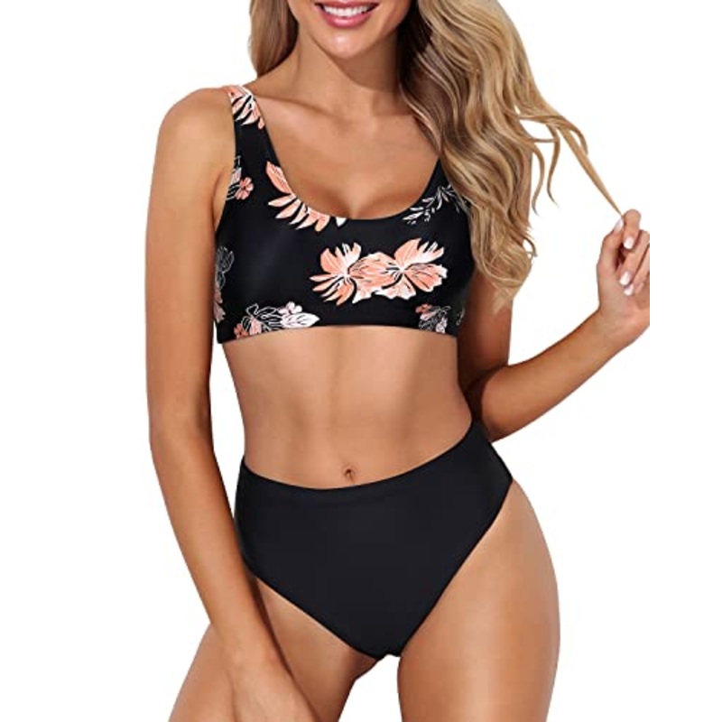 Padded Push Up Bra Support Sports Two Piece Bikini For Women-Black Orange Floral