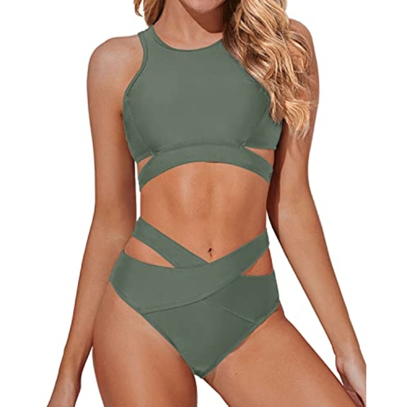 Push-Up Bra High Neck Bikini Set Bandage Two Piece Bathing Suits-Army Green