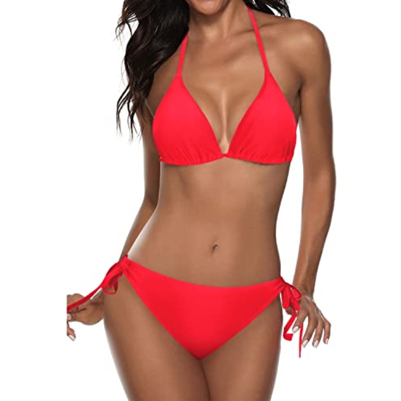 Push Up Enhancement Women Two Piece Halter Bikini-Neon Red