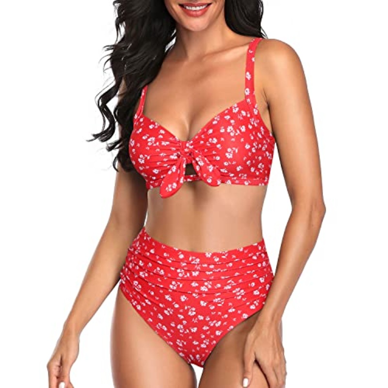 Push Up Padded Two Piece Bikini For Women Bathing Suits-Red Flower