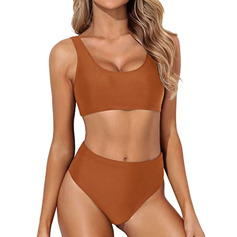 Removable Padded Swimsuit Two Piece Scoop Neck Bikini For Women-Brown