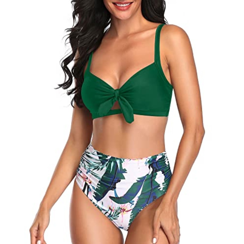 Ruched Tie Knot Bikini Set For Women Bathing Suits-Green Tropical Floral