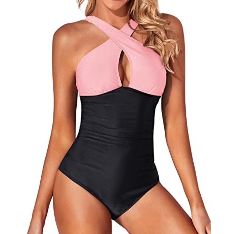 Ruched Waistband One Piece Front Cross Keyhole Swimsuits-Pink And Black