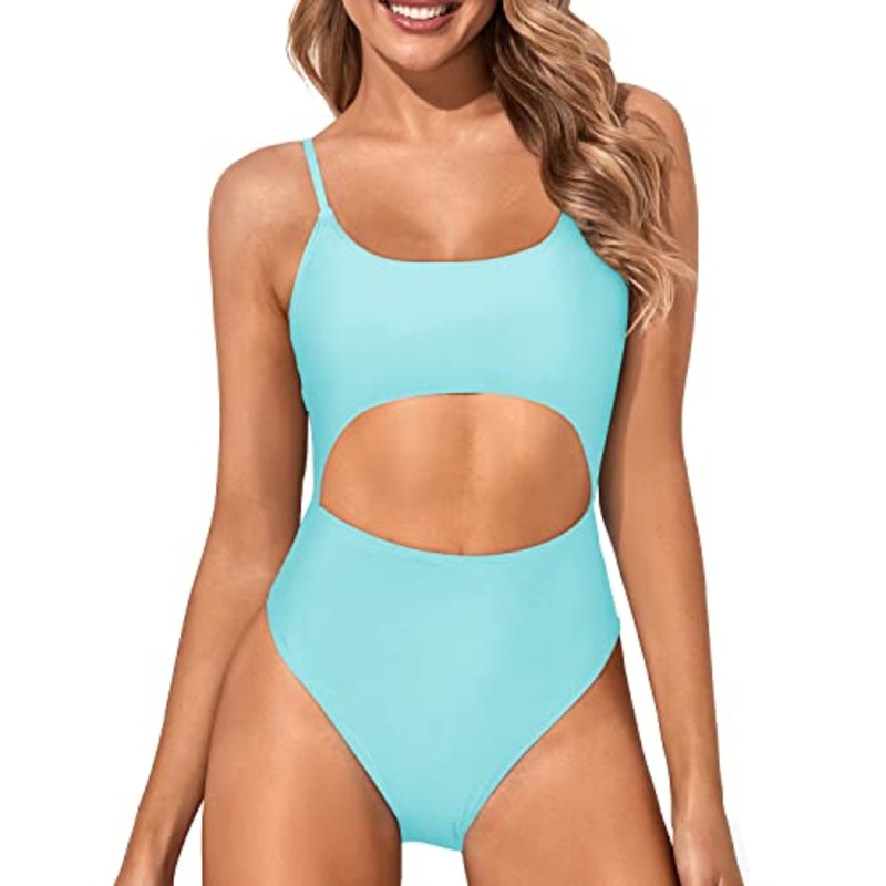 Scoop Neck High Waisted Sexy Cutout One Piece Swimsuits-Light Blue