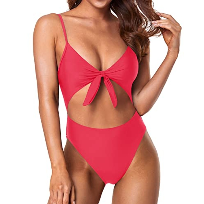 Sexy Hollow Out Backless V Neck 1 Piece Swimsuits-Red