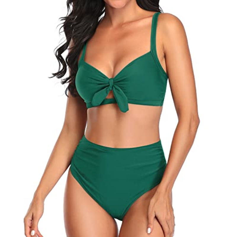 Sexy Two Piece Swimsuit Tummy Control Ruched Bikini-Emerald Green