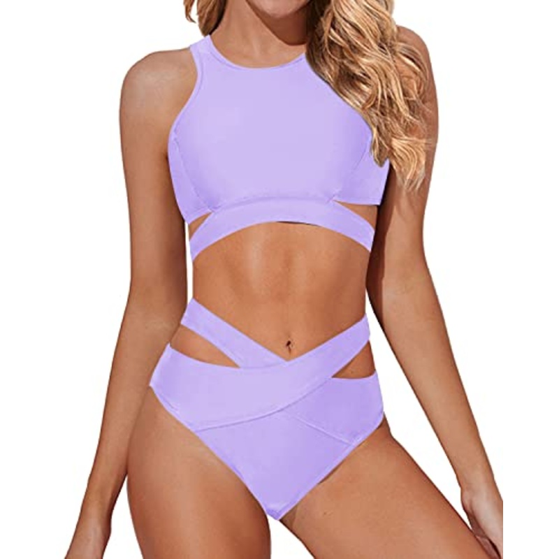 Solid Wrapped High Waisted Bandage Two Piece Bathing Suits-Light Purple