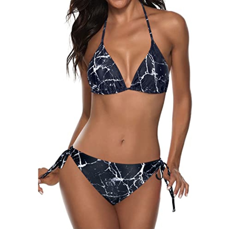 Stylish Double Rise And Scrunch Bikini Sets For Women-Black Marble
