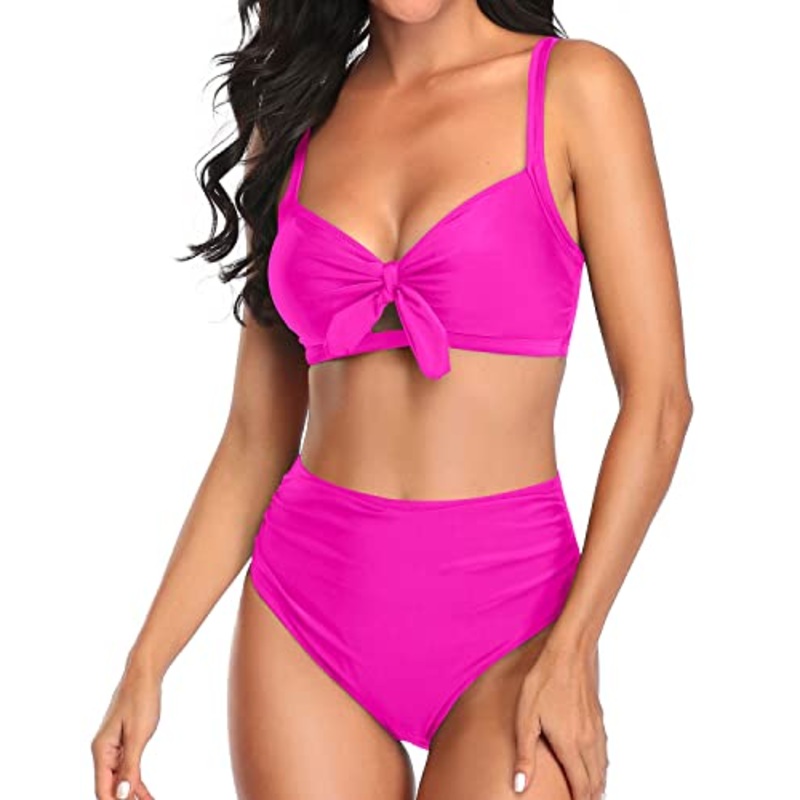 Stylish High Waisted Two Piece Swimsuit Tummy Control Ruched Bikini-Neon Pink