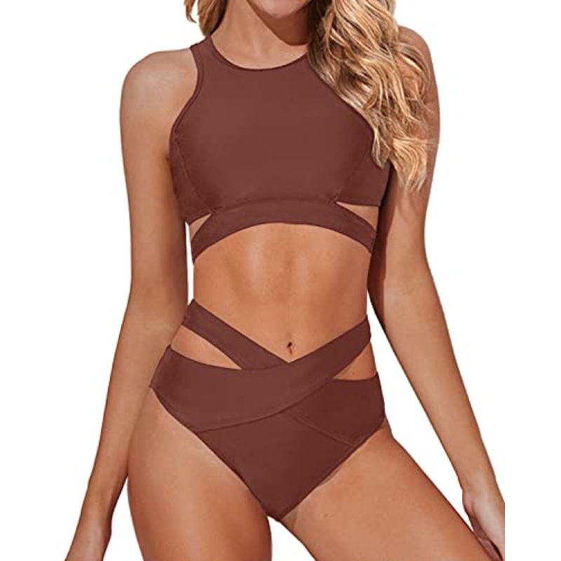 Stylish Padded Push-Up Bra Two Piece High Neck Bikini Set-Brown